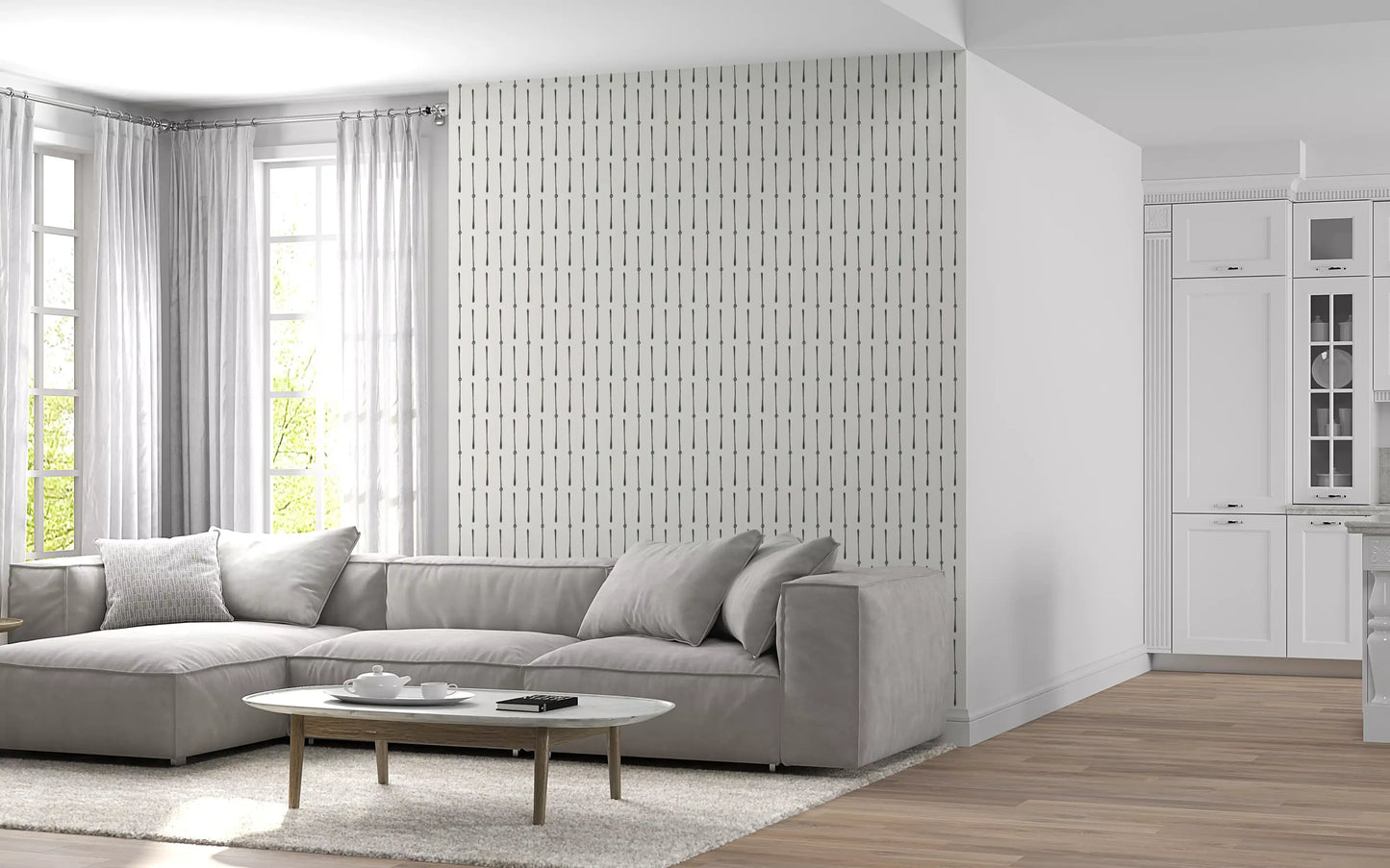 Moderne Tapete mit Muster aus linear angeordneten, voneinander getrennten Strichen
