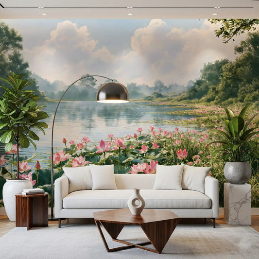 Pink Lotus Pond Landscape Wall Mural