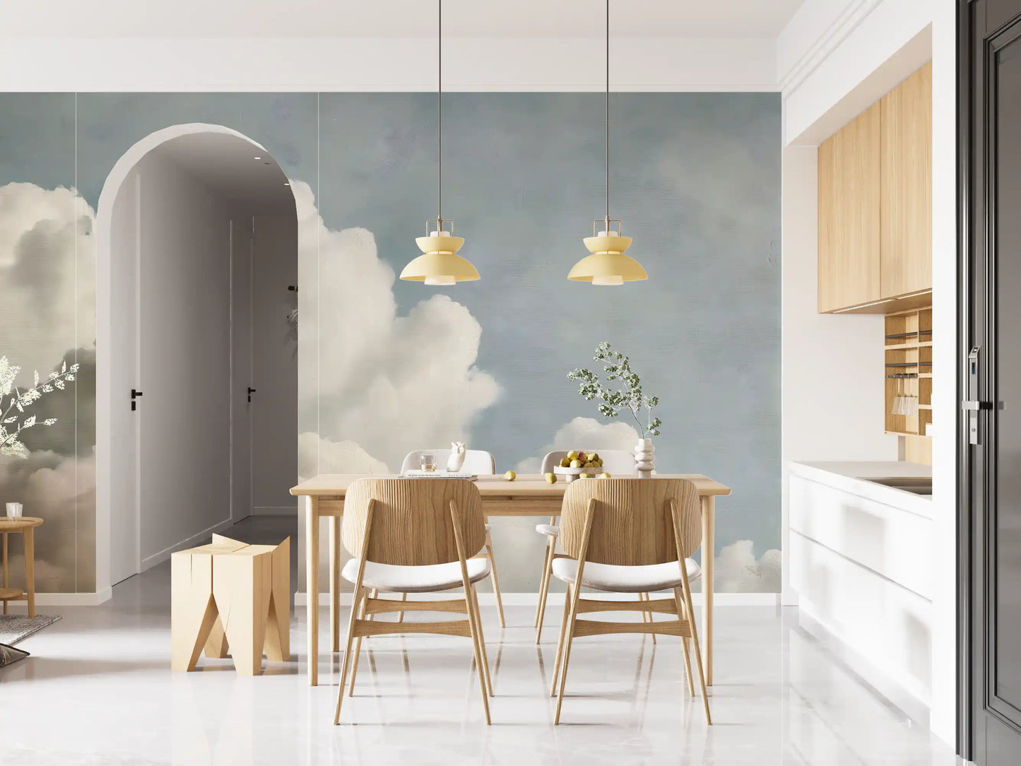 Verträumtes Wandbild mit gemalten Wolken