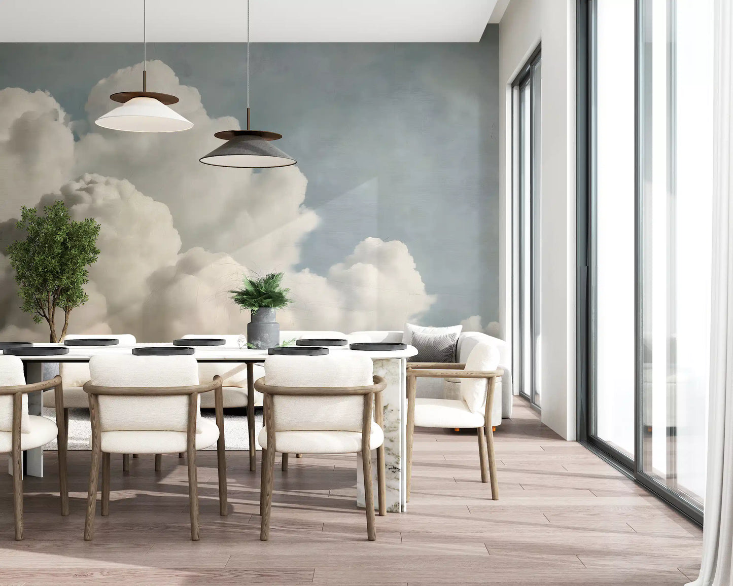 Verträumtes Wandbild mit gemalten Wolken