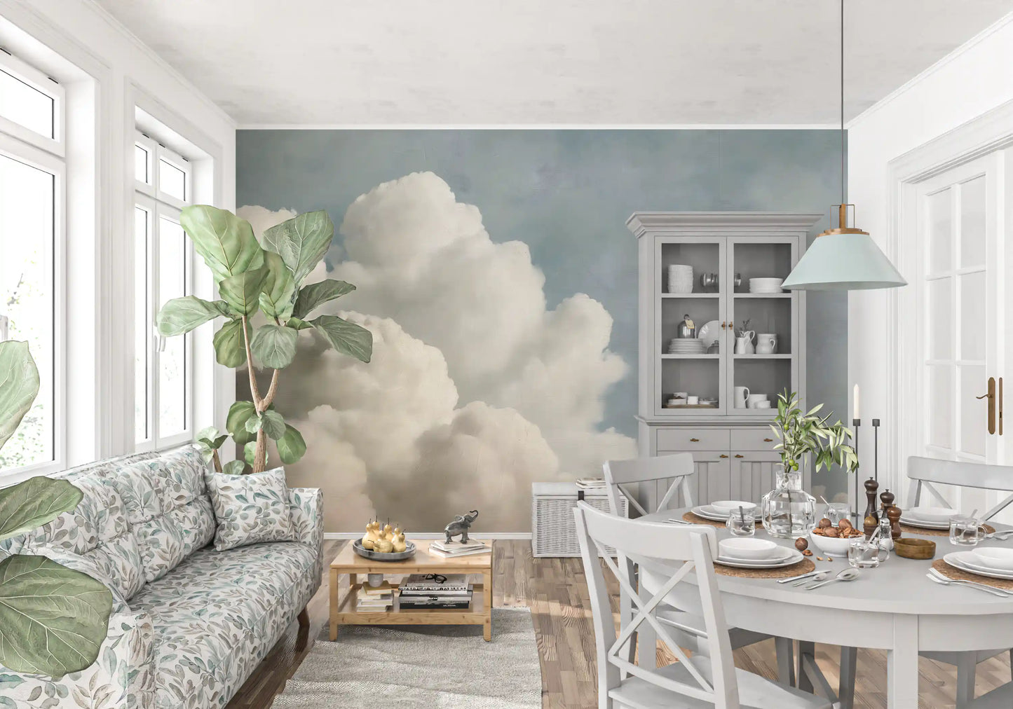 Verträumtes Wandbild mit gemalten Wolken