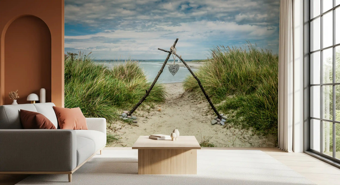 Fresque murale « Sentier serein dans les dunes avec un cœur romantique »