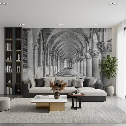 Arched colonnade perspective mural behind a grey sofa and bookshelf GD12787