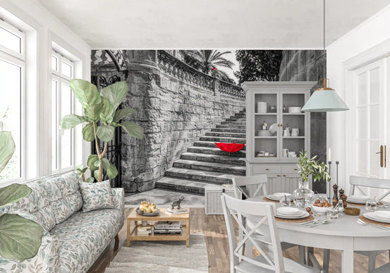 Wandbild „Monochrome Treppe mit roten Akzenten“