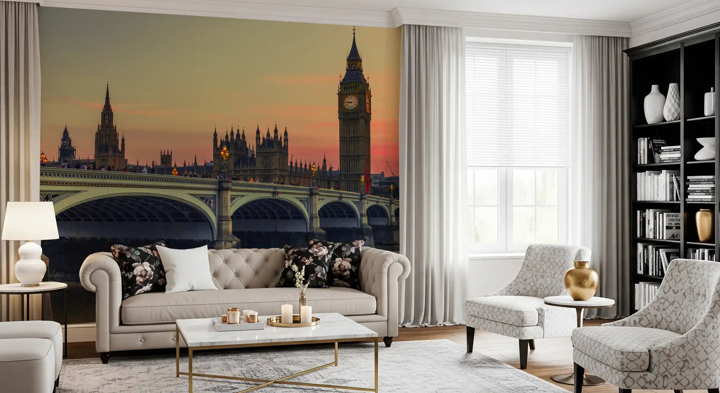 Wandgemälde „Silhouette des Sonnenuntergangs an der Westminster Bridge“