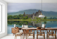 Misty Lochside Fortress Ruins Wall Mural