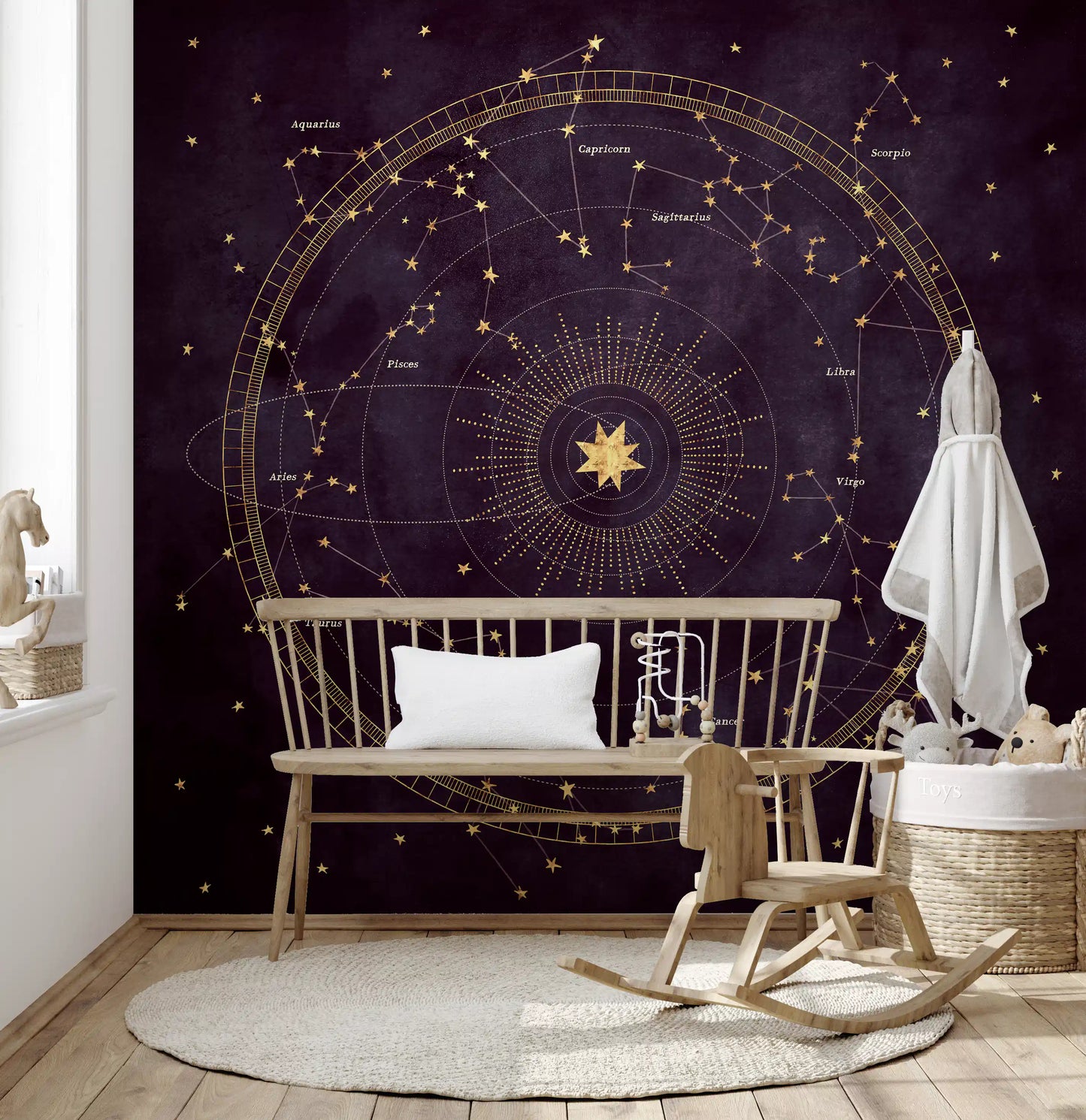 Murale da parete con mappa dorata dello zodiaco celeste