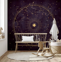 Murale da parete con mappa dorata dello zodiaco celeste