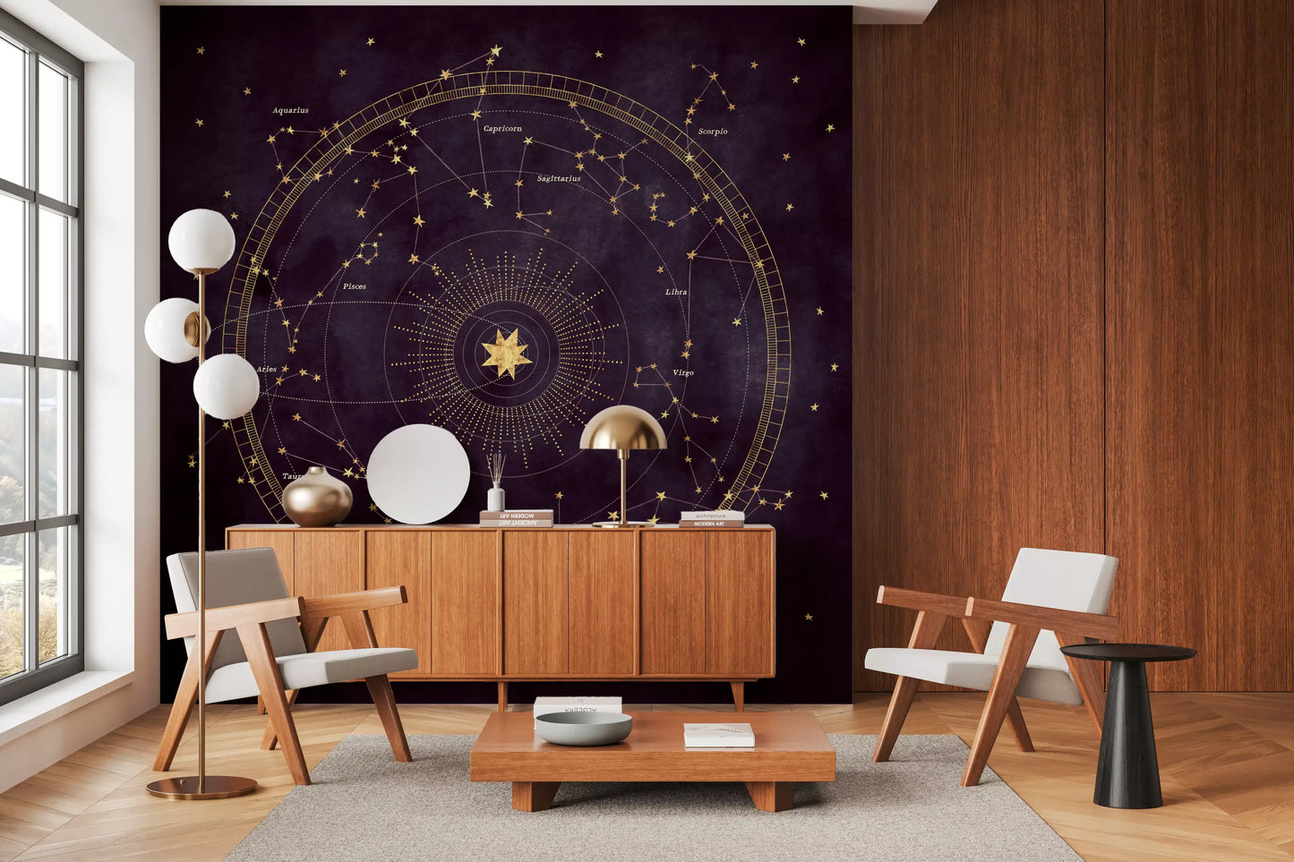 Murale da parete con mappa dorata dello zodiaco celeste