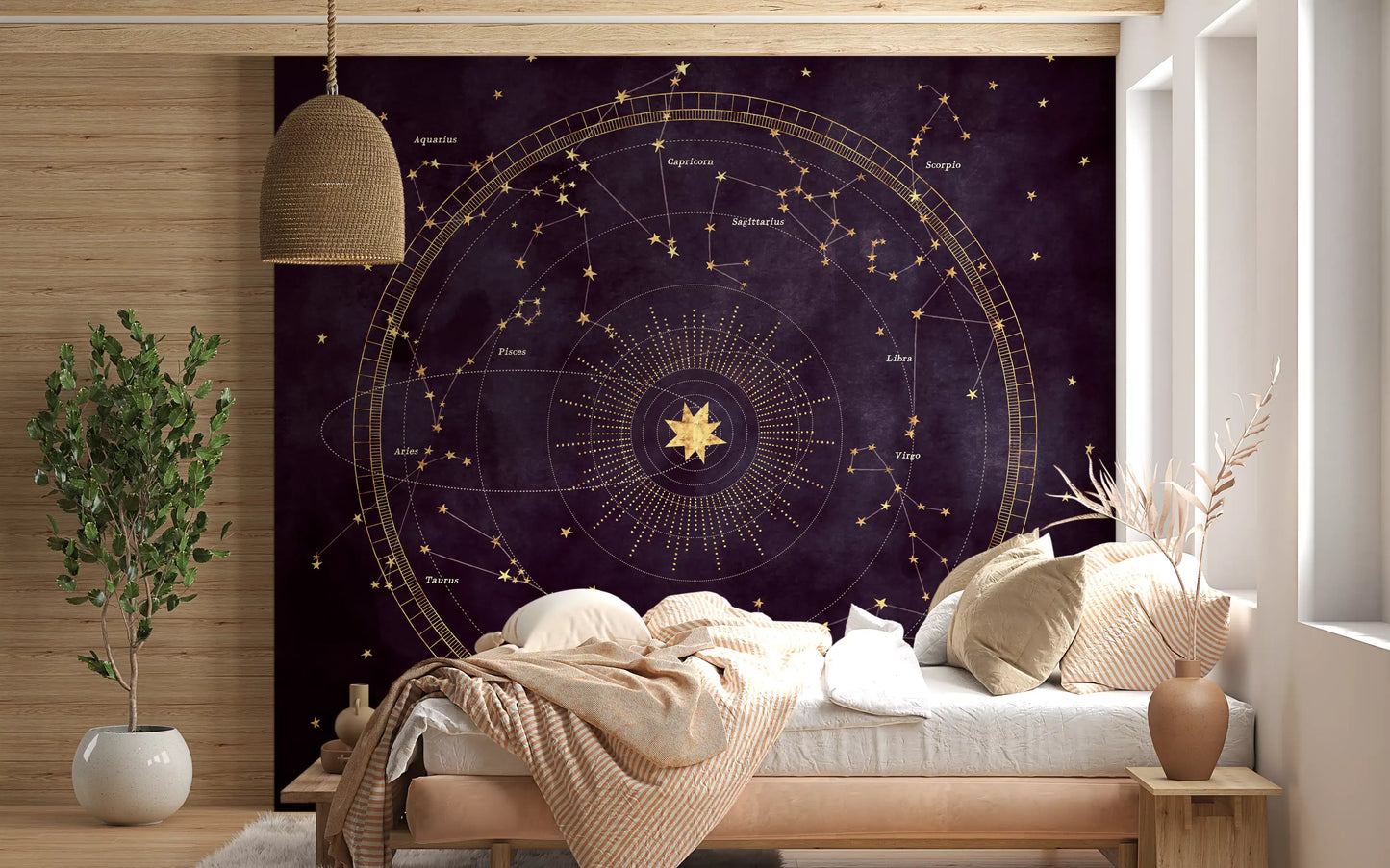 Murale da parete con mappa dorata dello zodiaco celeste