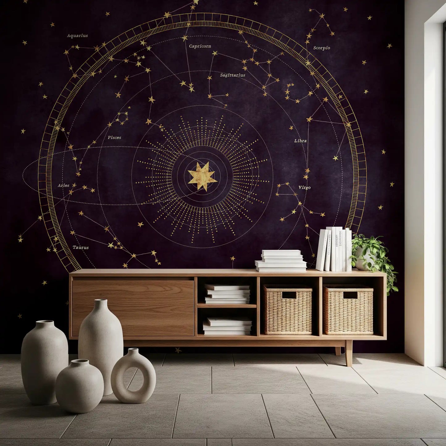 Murale da parete con mappa dorata dello zodiaco celeste