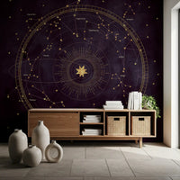 Murale da parete con mappa dorata dello zodiaco celeste
