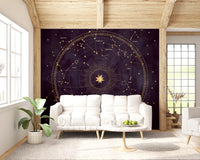 Murale da parete con mappa dorata dello zodiaco celeste