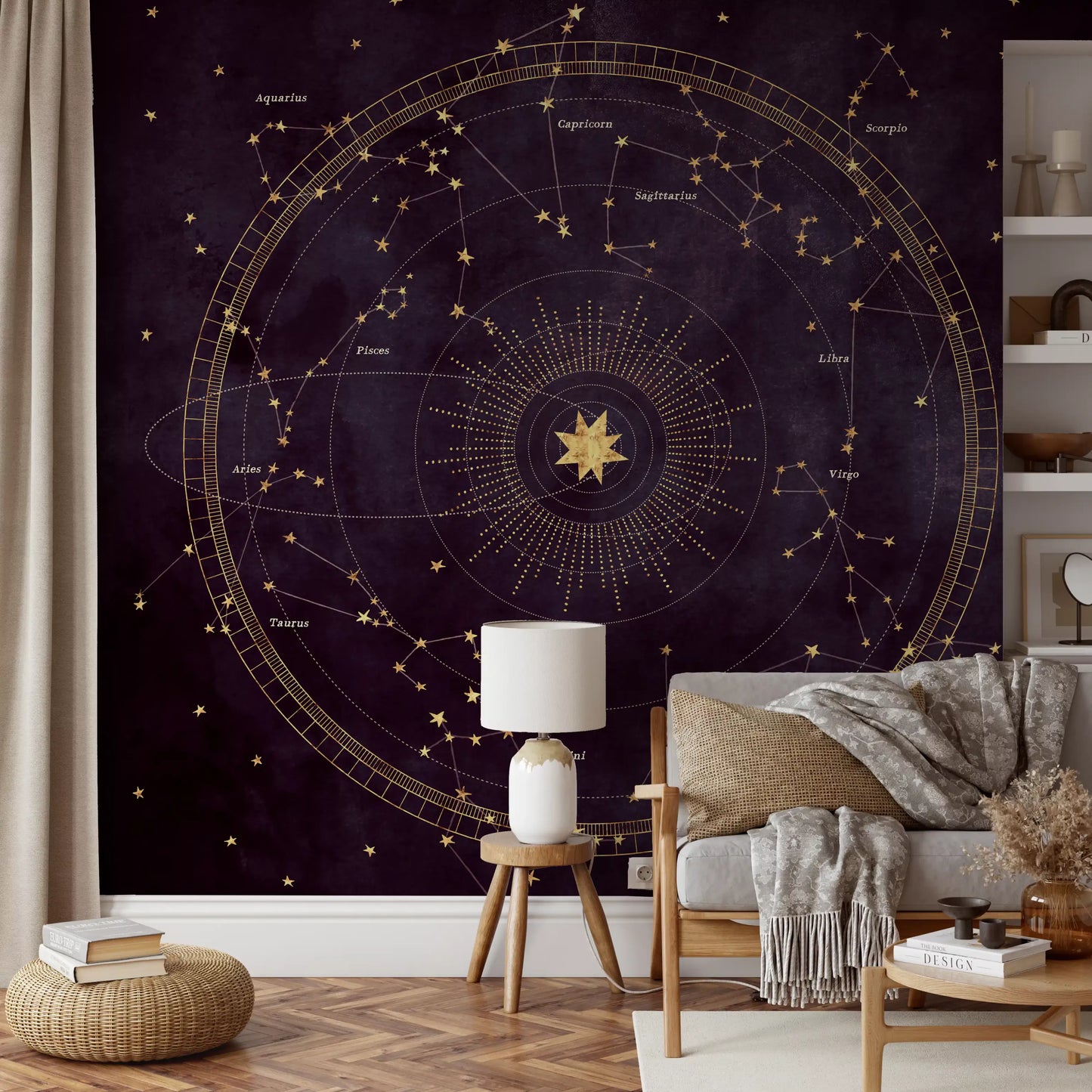 Murale da parete con mappa dorata dello zodiaco celeste