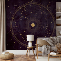 Murale da parete con mappa dorata dello zodiaco celeste