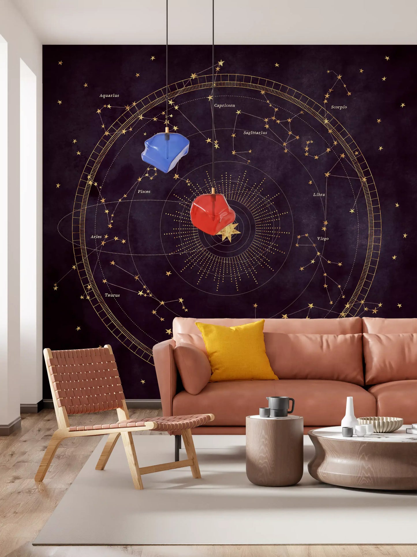 Murale da parete con mappa dorata dello zodiaco celeste