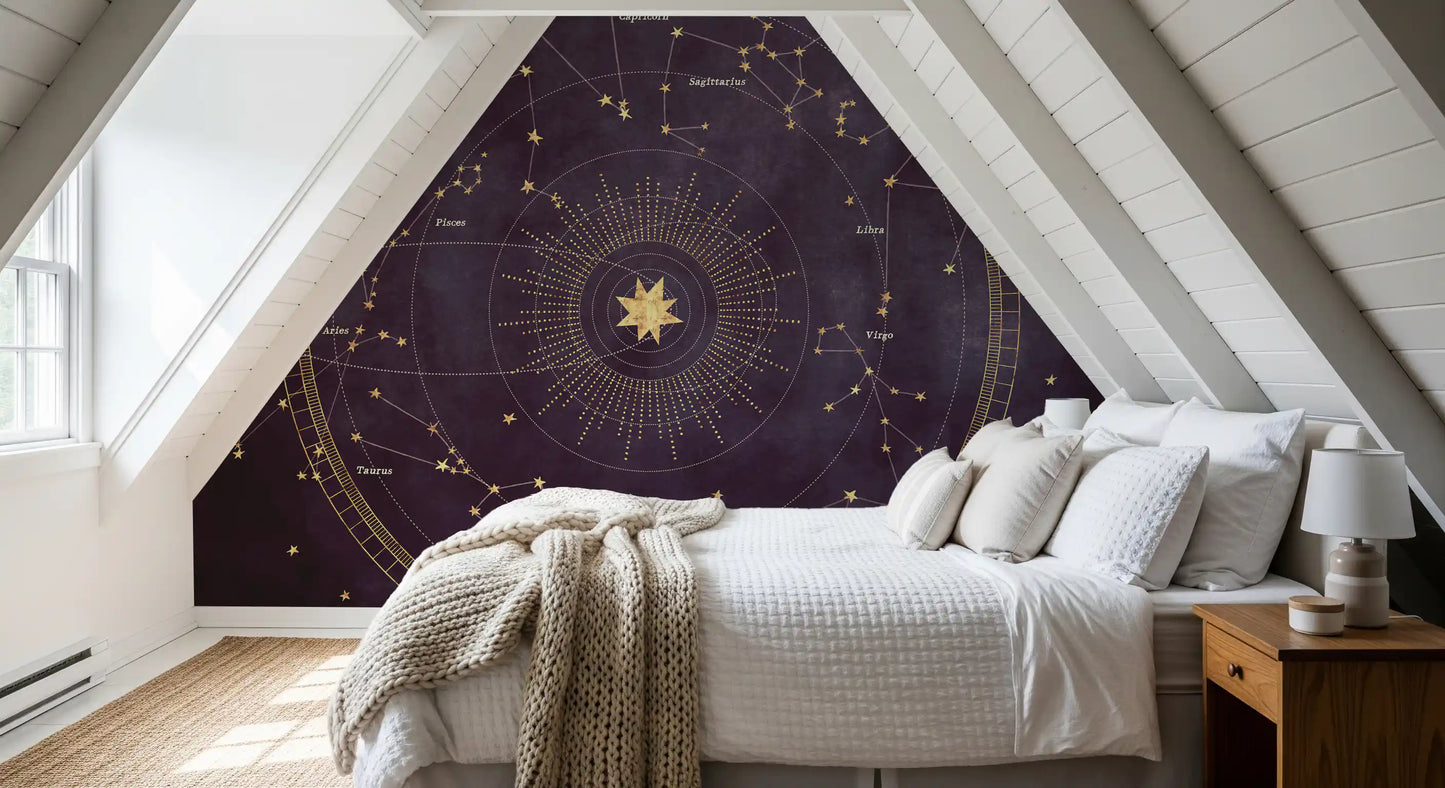 Murale da parete con mappa dorata dello zodiaco celeste