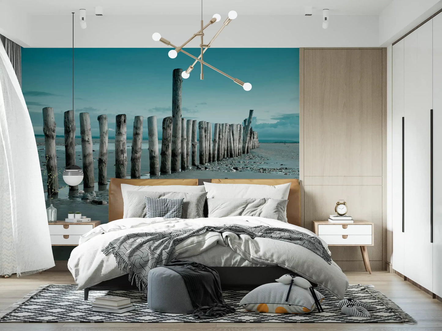 Minimalistisk maritimt strandmotiv som vægmaleri