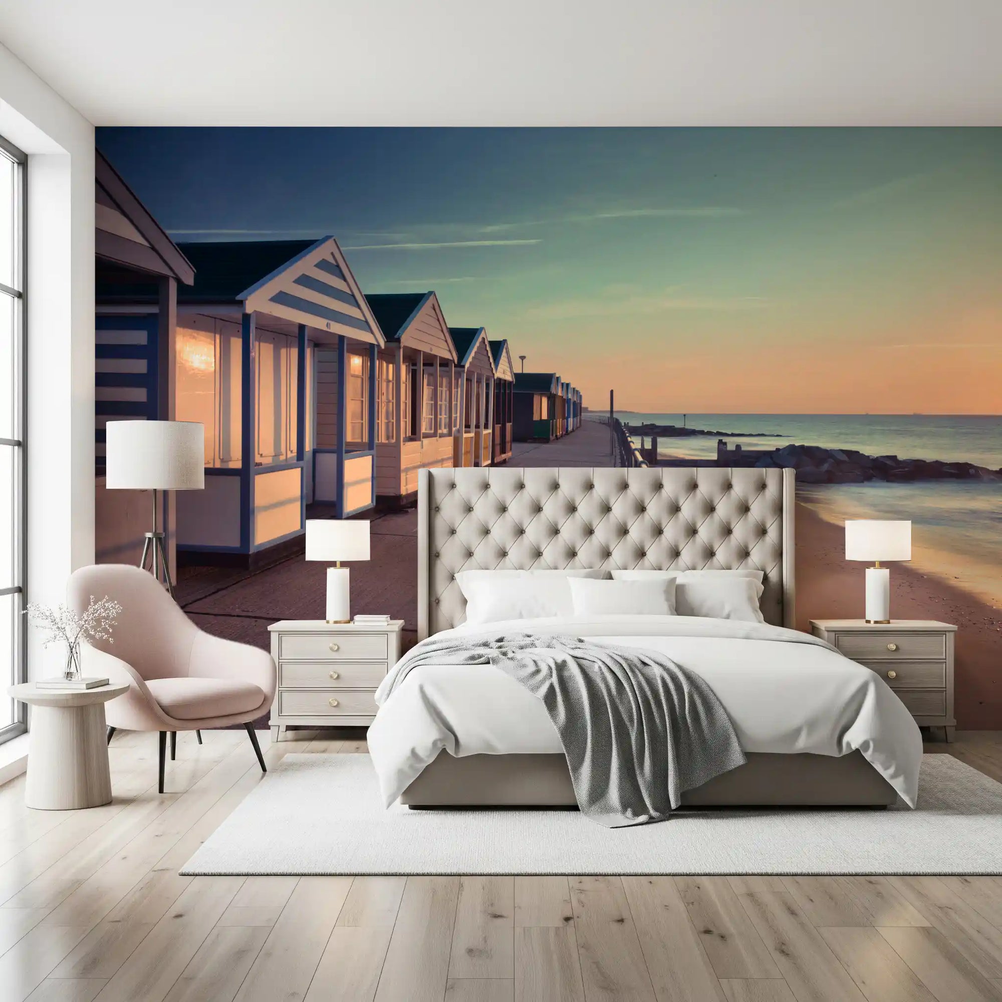 Sunrise Promenade View wall mural styled into a calm bedroom GD12815
