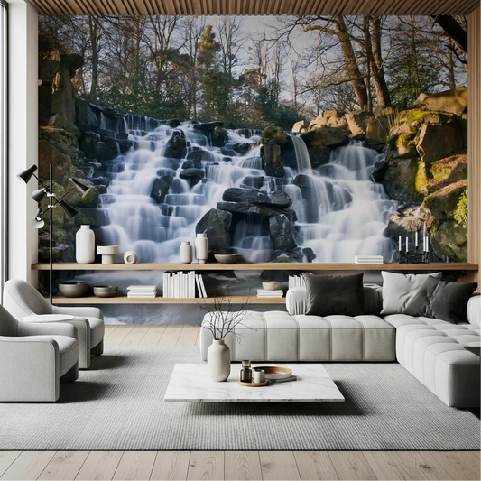 Wide cloud bands of this Amber Dusk wall mural open up a living room GD12809
