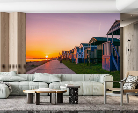Golden Hour Promenade wall mural warms a modern living room at dusk GD12817
