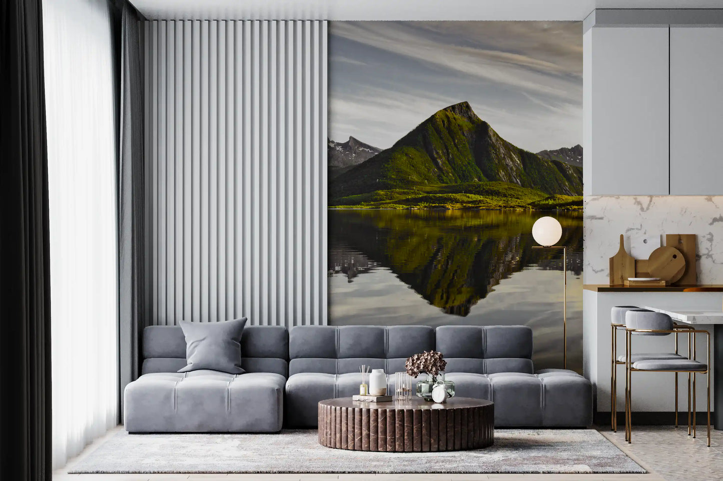 Wandgemälde mit Gletschersee und Bergpanorama