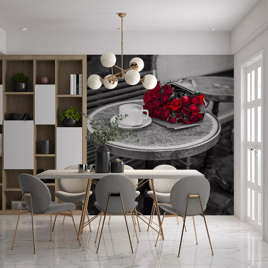Dining room paired with crimson roses in this Bistro Blooms wall mural GD12821
