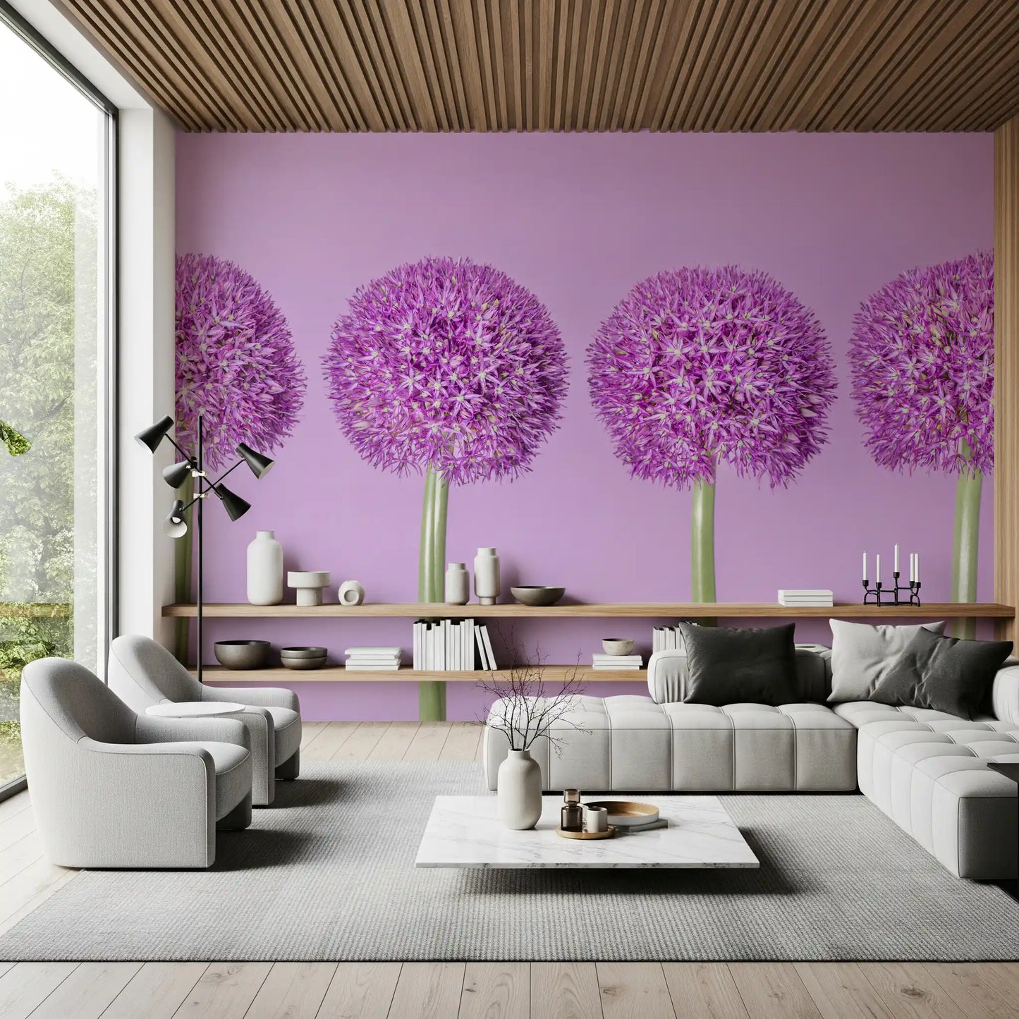 Symmetrische Lavendelblüten-Kugeln als Wandbild