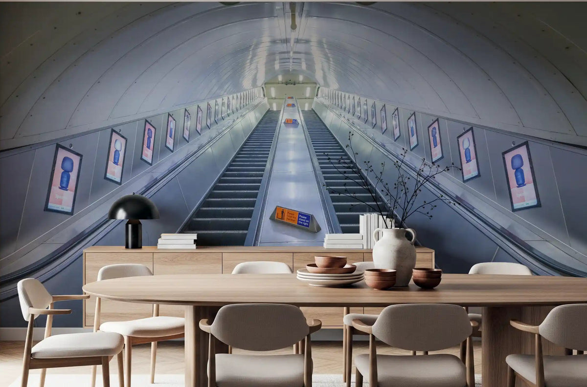 Industrial Transit Symmetry wall mural behind a wood dining table and grey chairs GD12830