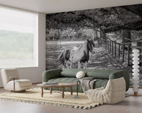 Fresque murale monochrome pastorale représentant un paysage équestre