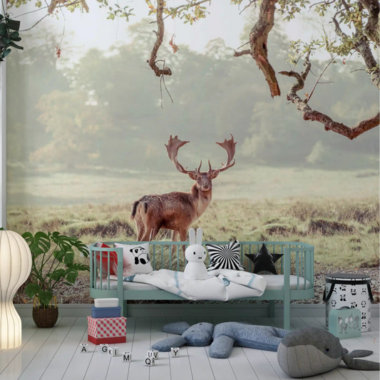 Stag Portrait wall mural opens a kids' room onto misty woodland GD12832
