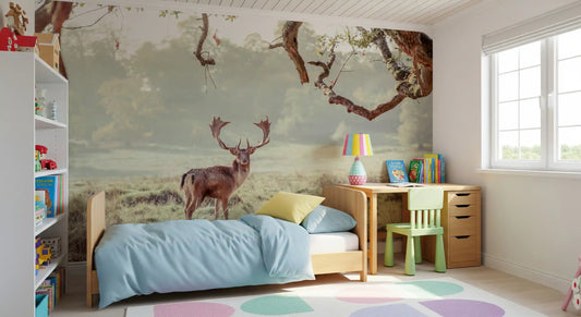 Stag Portrait in Golden Forest Light Wall Mural