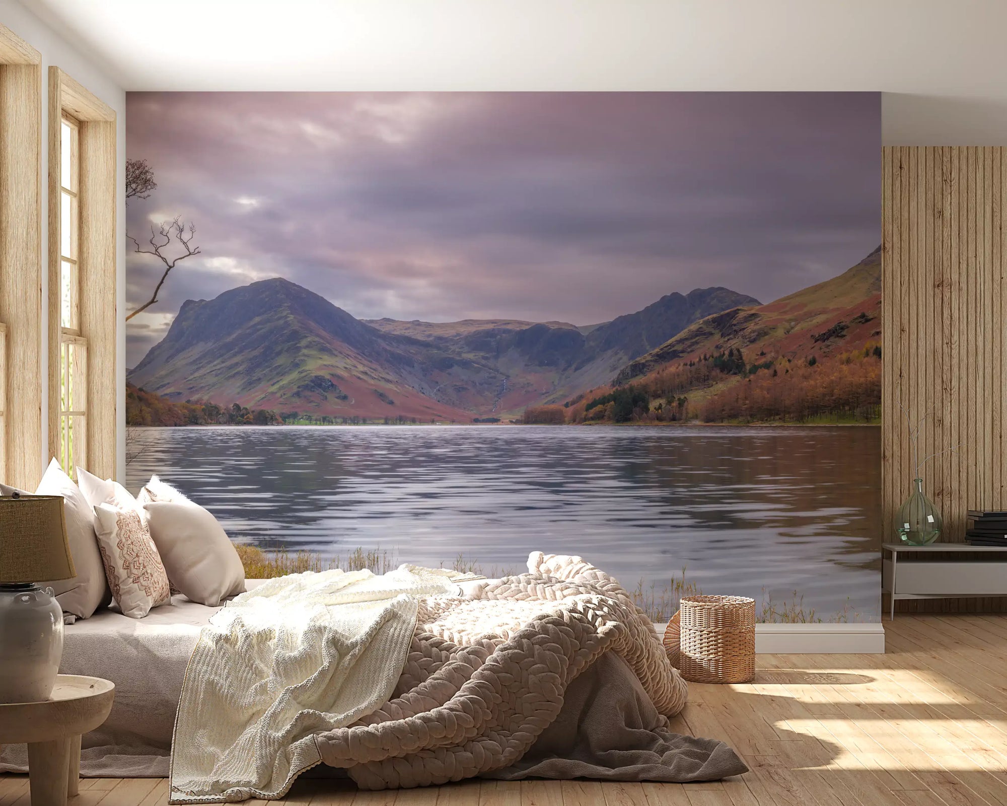 Bedroom set against a calm mountain lake, Serene Wilderness wall mural GD12834
