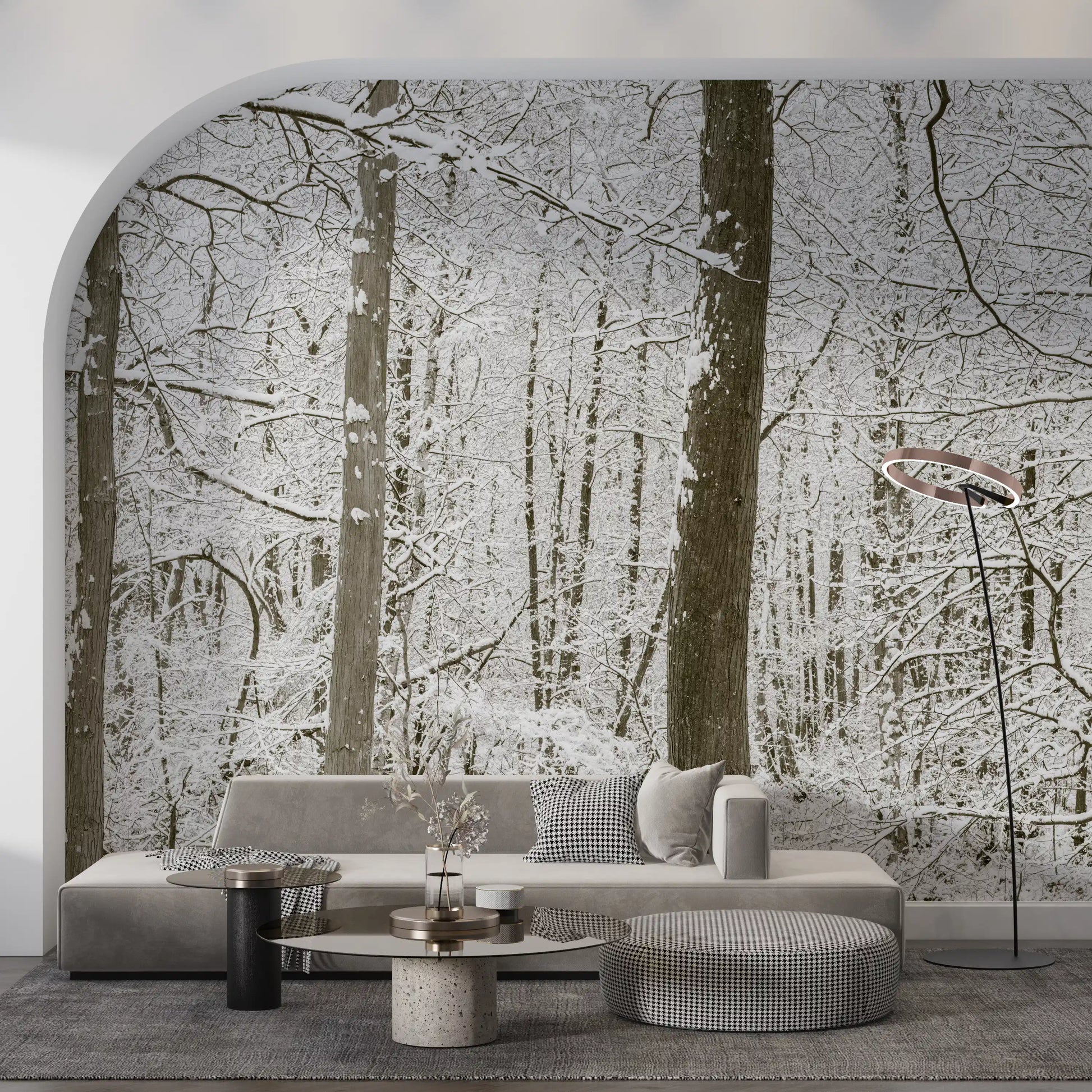 Snowy birch wall mural lending calm to a restful living room GD12836
