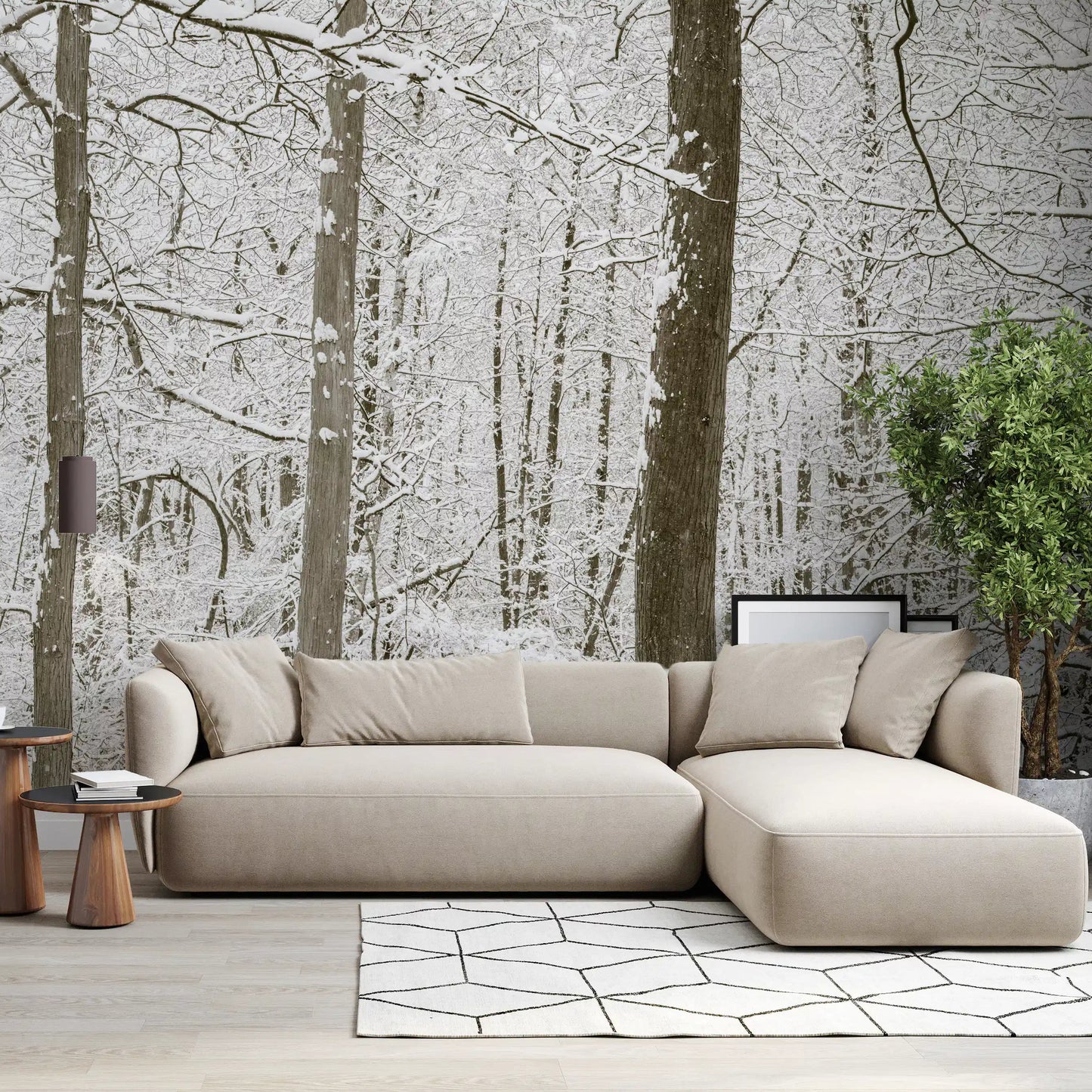 Frosty Woodland Whispers wall mural filling a bright living room backdrop GD12836
