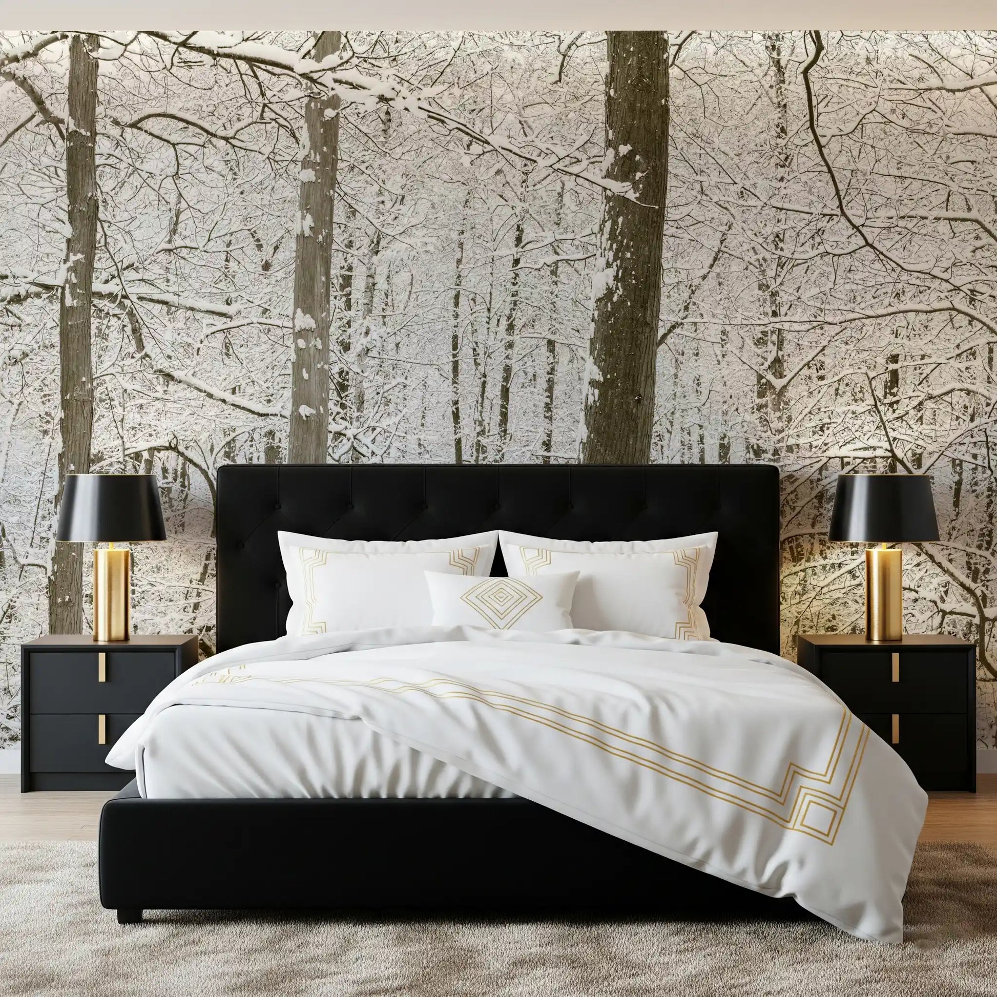 Snowy birch wall mural lending calm to a restful bedroom GD12836

