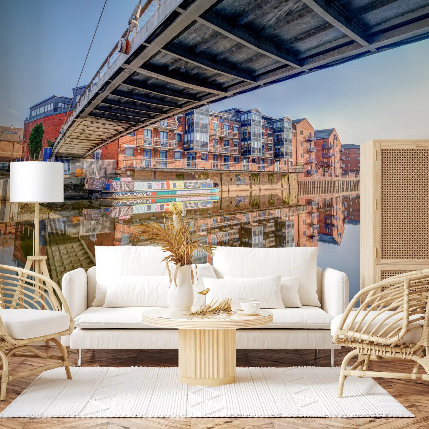 Steel bridge scene wrapping an open living room in one wall mural GD12837
