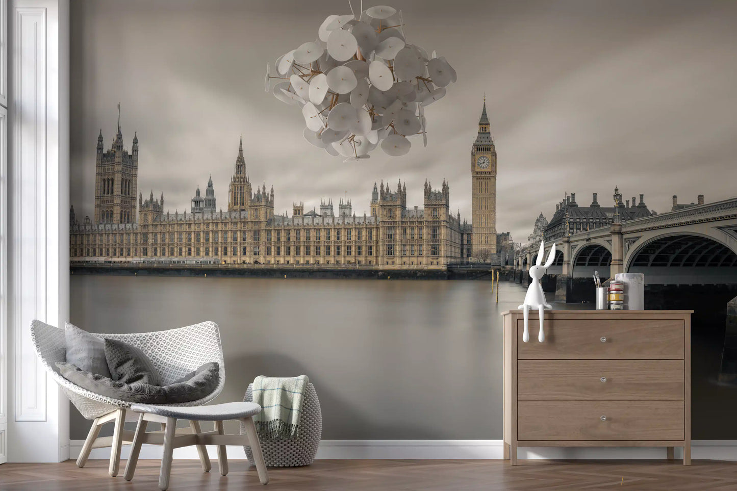 Fresque murale panoramique de Westminster et de Big Ben dans une ambiance atmosphérique