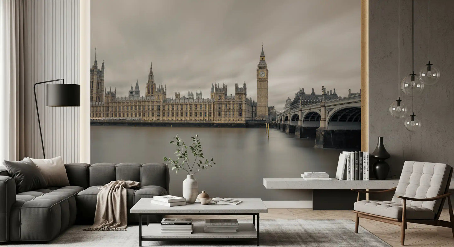 Fresque murale panoramique de Westminster et de Big Ben dans une ambiance atmosphérique