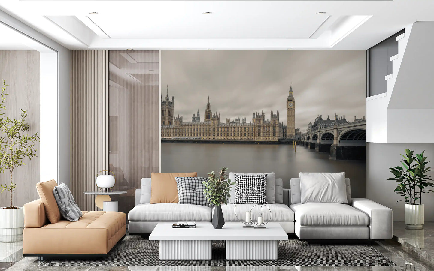 Fresque murale panoramique de Westminster et de Big Ben dans une ambiance atmosphérique
