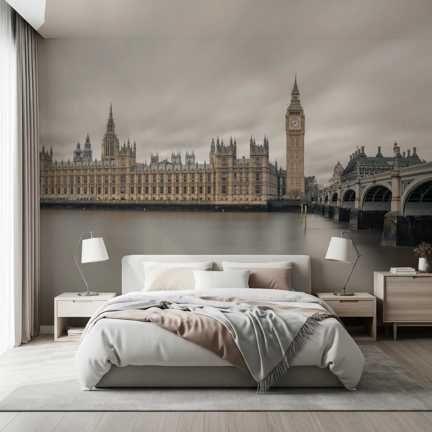 Fresque murale panoramique de Westminster et de Big Ben dans une ambiance atmosphérique