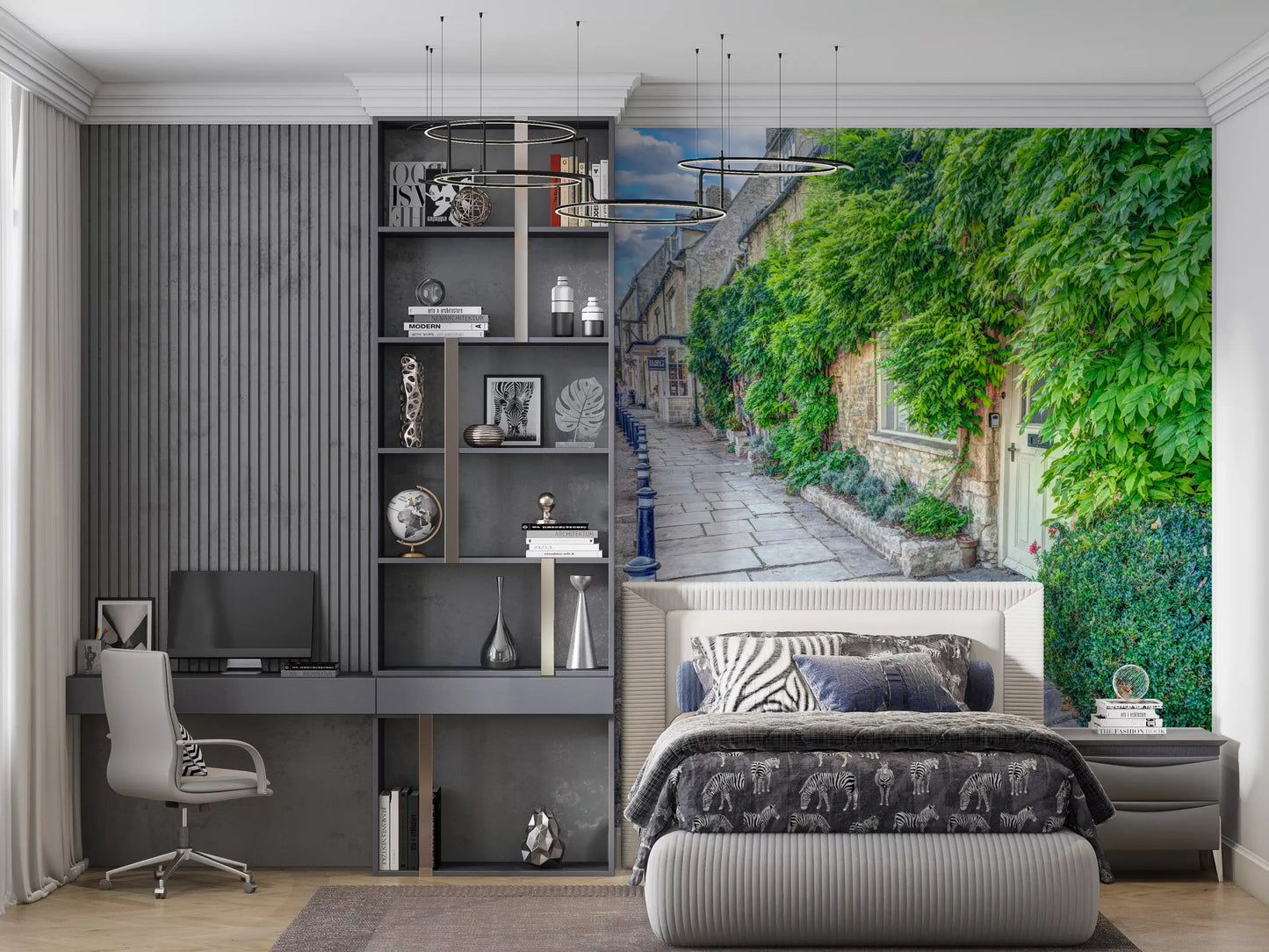 Fototapet mural cu potecă rustică din piatră și iederă cățărătoare pe perete