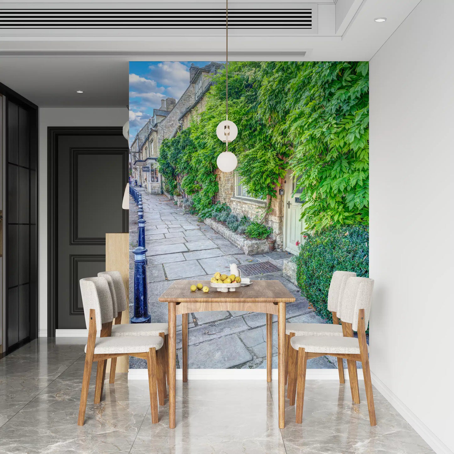 Fototapet mural cu potecă rustică din piatră și iederă cățărătoare pe perete