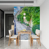Fototapet mural cu potecă rustică din piatră și iederă cățărătoare pe perete