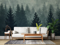Murale da parete con silhouette di una foresta di pini nella nebbia