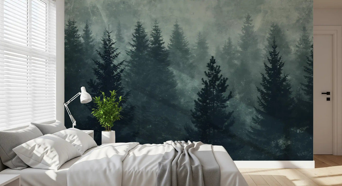 Murale da parete con silhouette di una foresta di pini nella nebbia