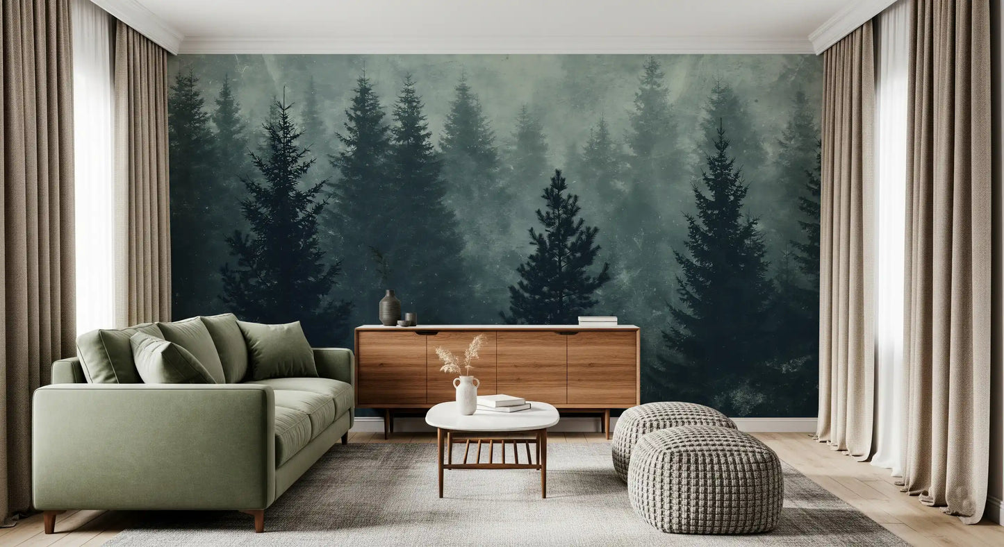 Murale da parete con silhouette di una foresta di pini nella nebbia