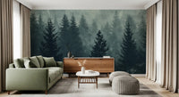 Murale da parete con silhouette di una foresta di pini nella nebbia