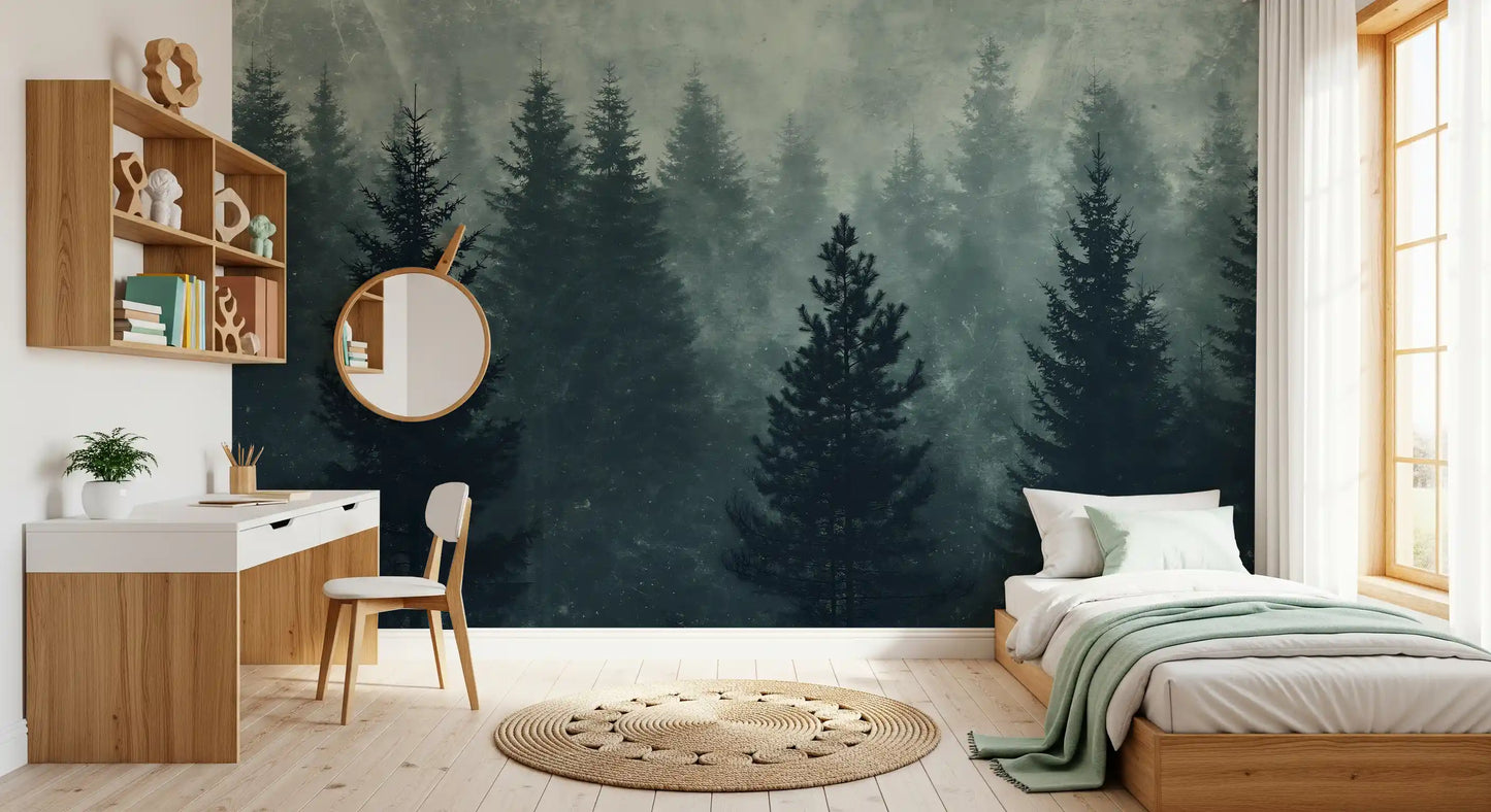 Murale da parete con silhouette di una foresta di pini nella nebbia