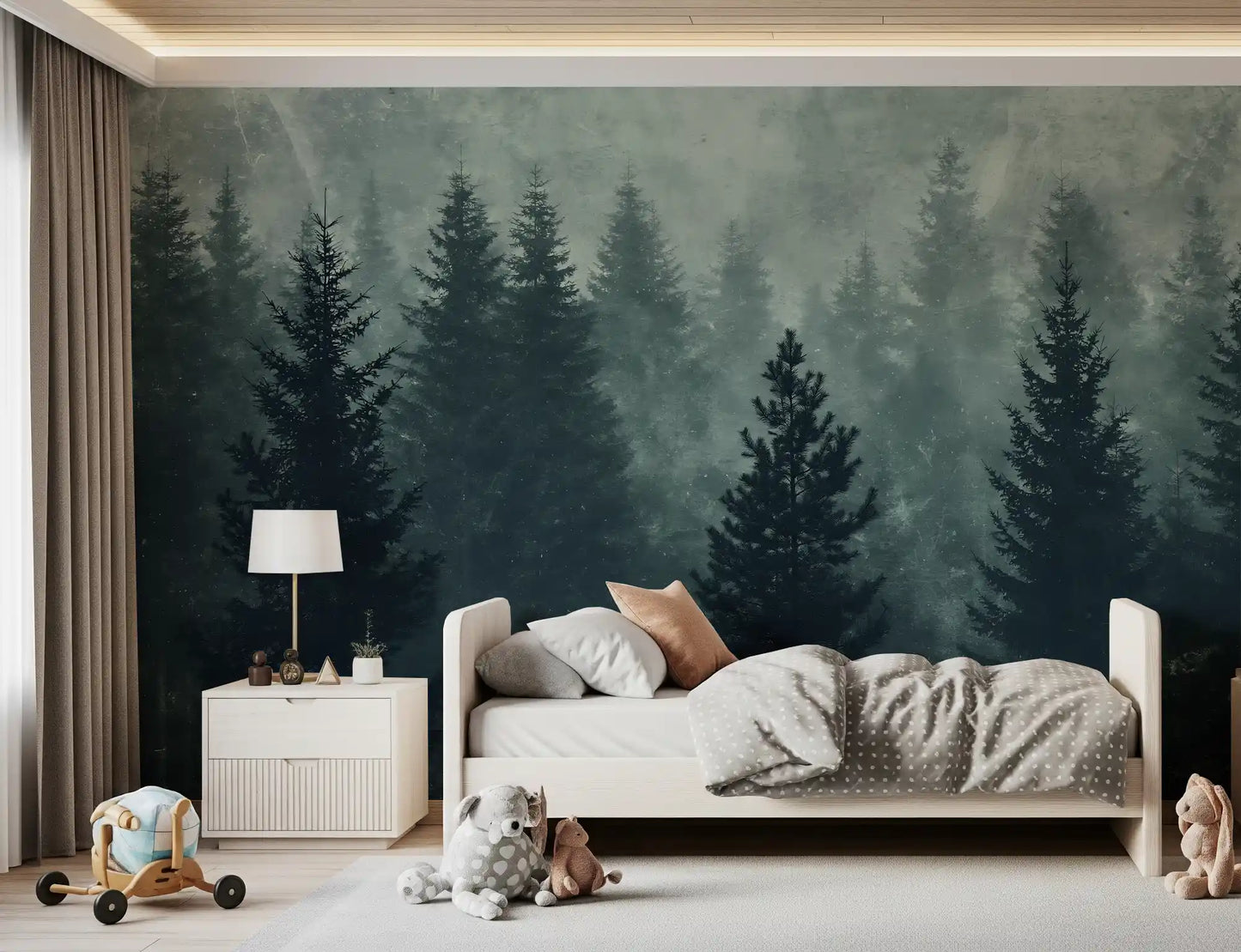 Murale da parete con silhouette di una foresta di pini nella nebbia